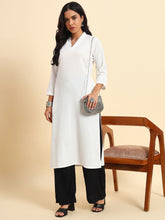 Thread Plus Cotton Flax Straight Kurti In White Color For Women